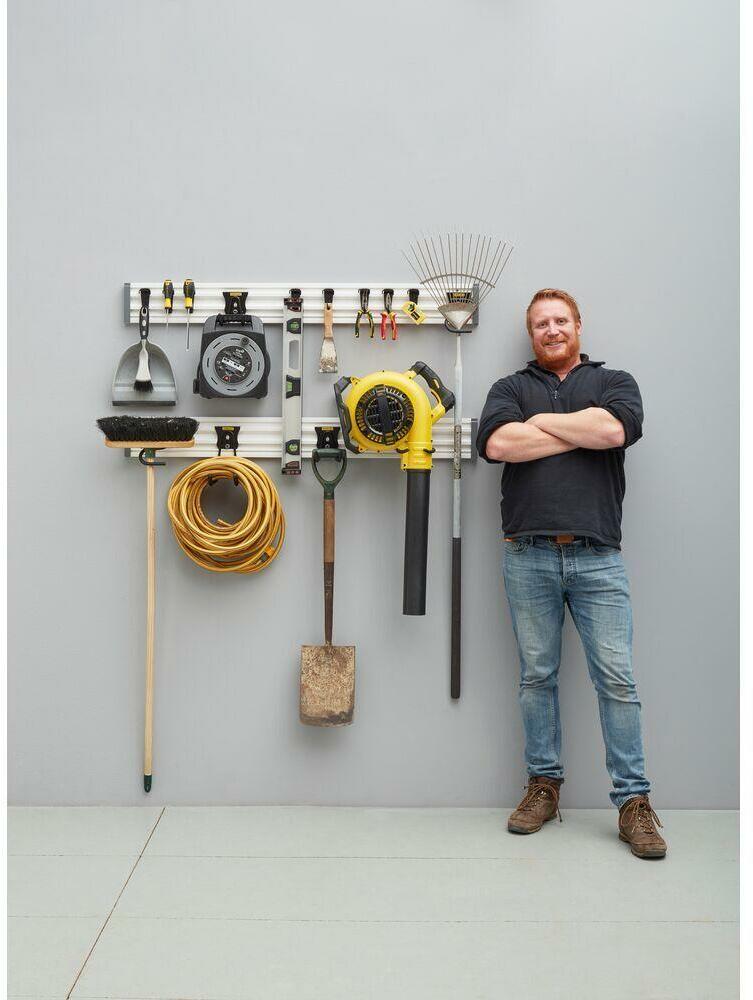 STANLEY Kit Organizzazione Parete 20 Pezzi - 2 Binari 120cm, 16 Ganci, 4 Tappi Per Garage E Officina, Grigio - Foto 10