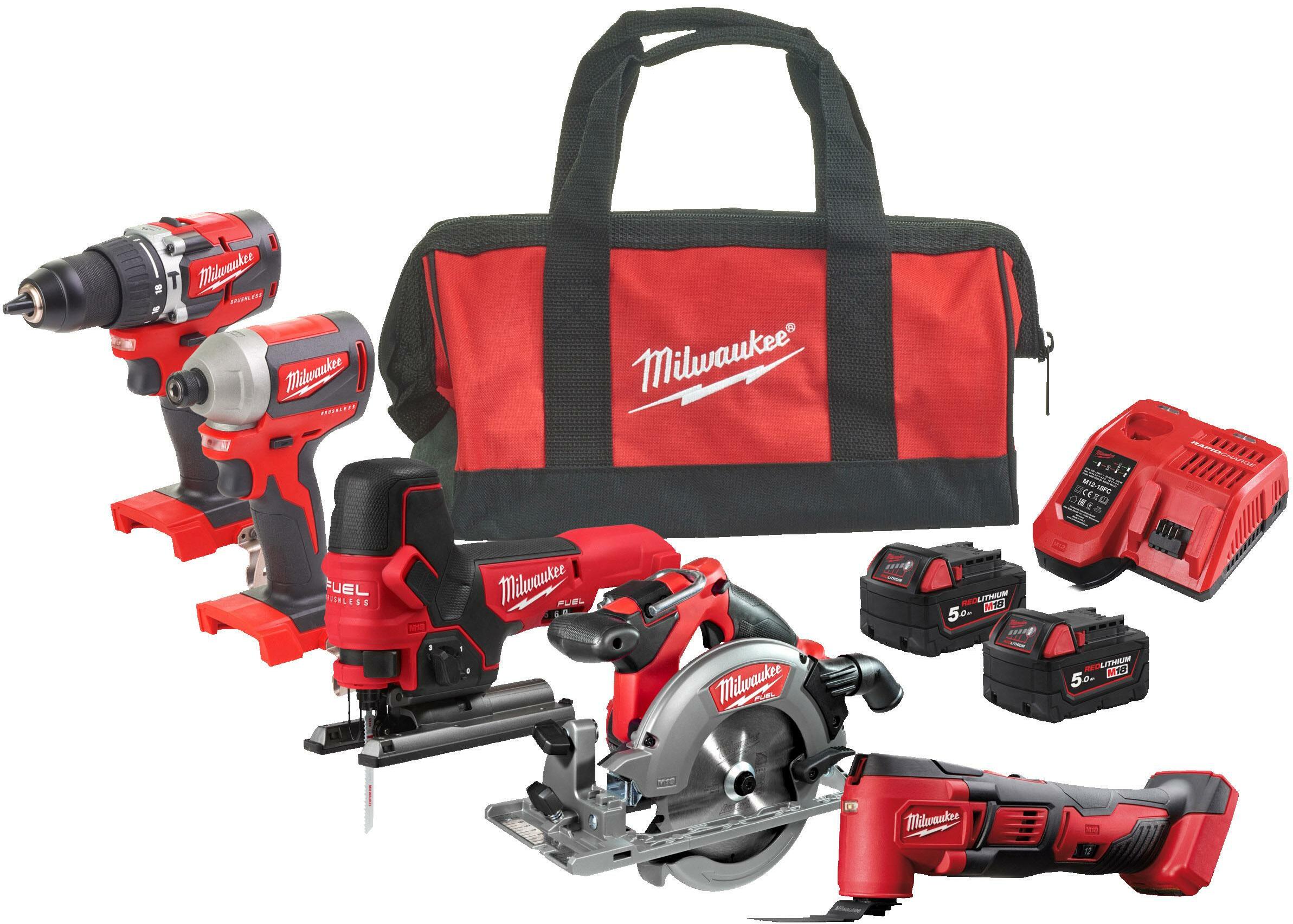 MILWAUKEE M18 FPP5K-502B cordless machine set 5-piece in transport bag (2x  battery charger) 4933471209
