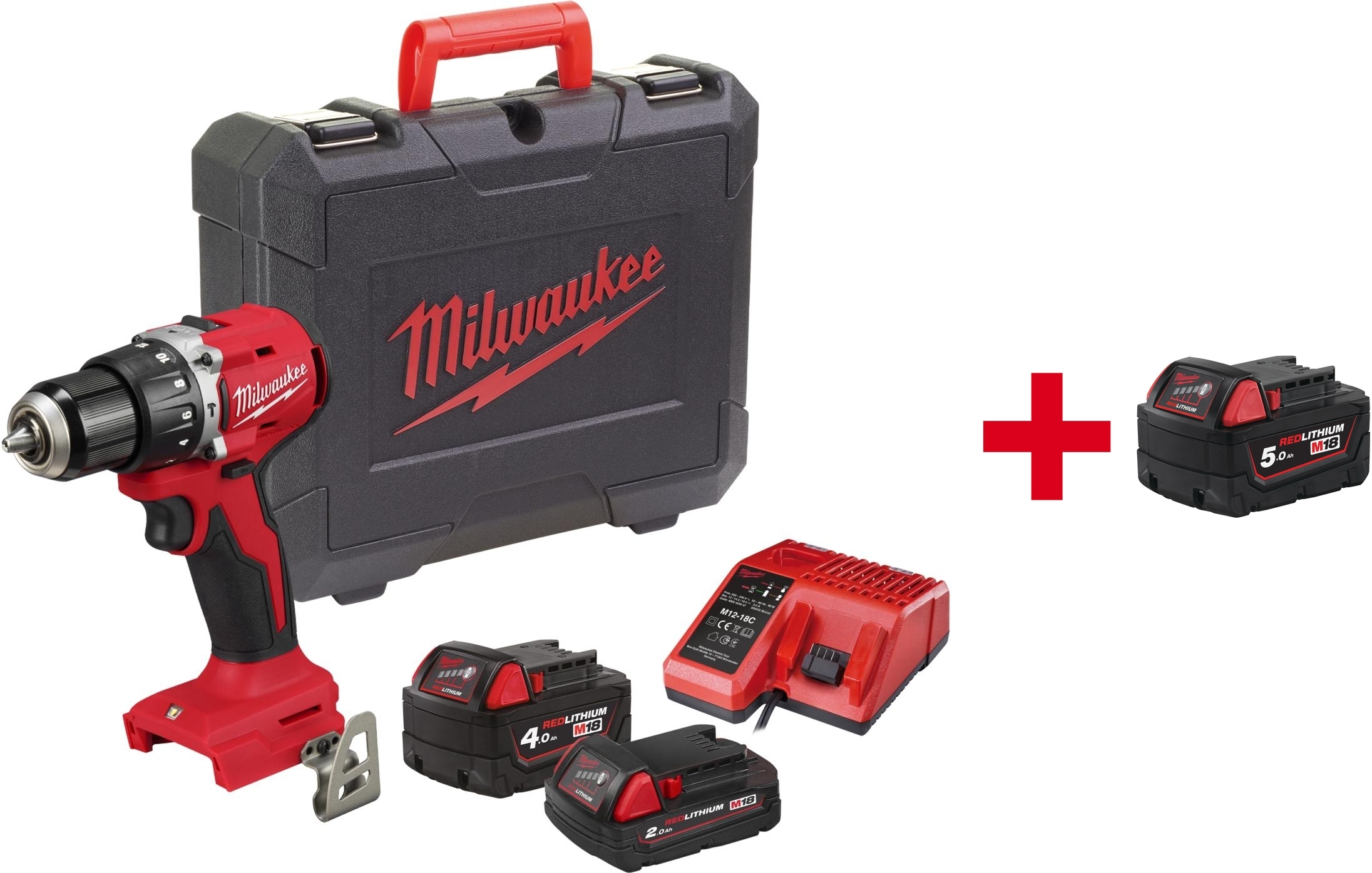 MILWAUKEE M18 BLPDRC-422C marteau perforateur compact sans charbon dans une mallette de transport (1x batterie 4.0Ah + 1x batterie 2.0Ah + chargeur) - 4933492825