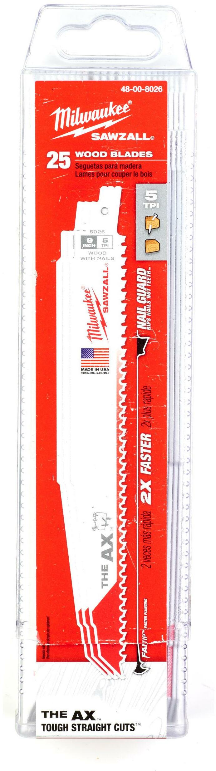 Milwaukee The Ax Sawzall Blade – 9-Inch, 5 TPI, Nail Guard, Fang Tip, 25-Pack, Wood Demolition
