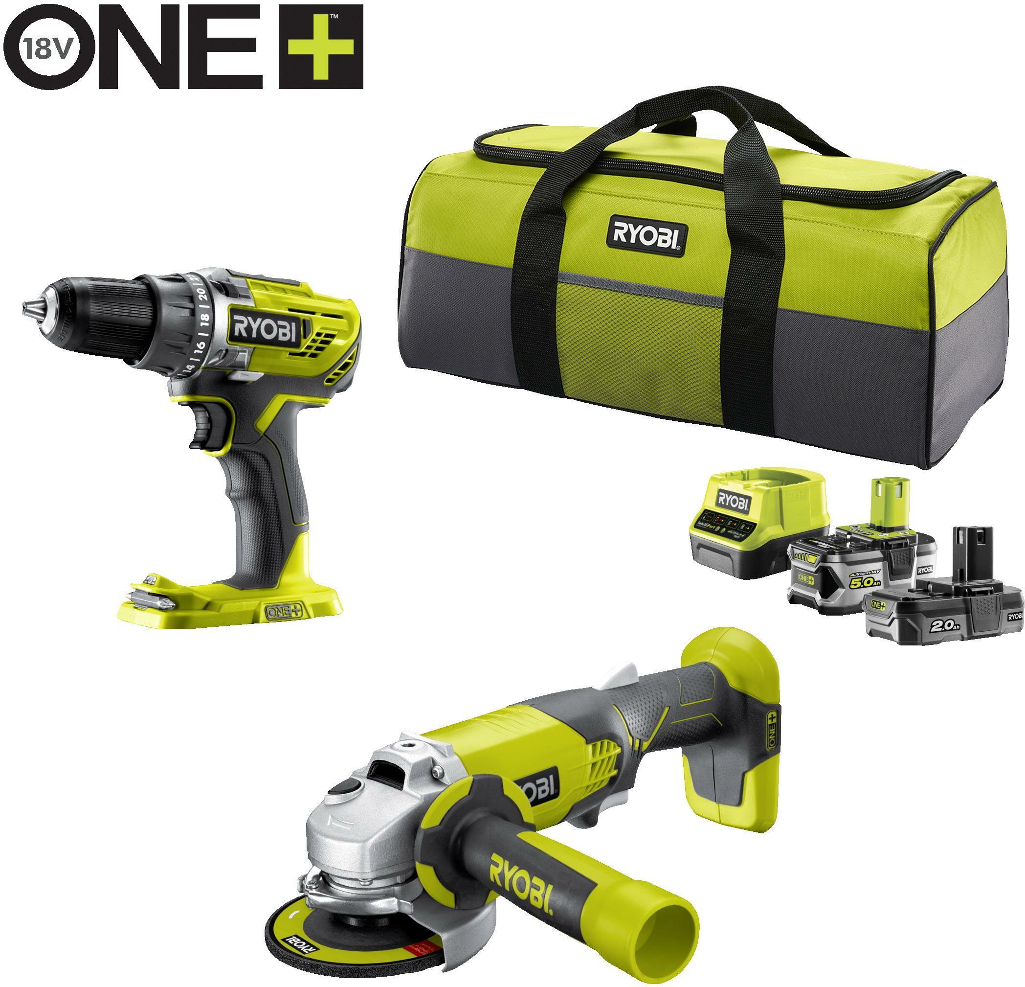 RYOBI R18DDAG 252S 18V ONE cordless machine set 2 piece in transport bag 1x 5.0Ah battery 1x 2.0Ah battery and charger 51 Klium