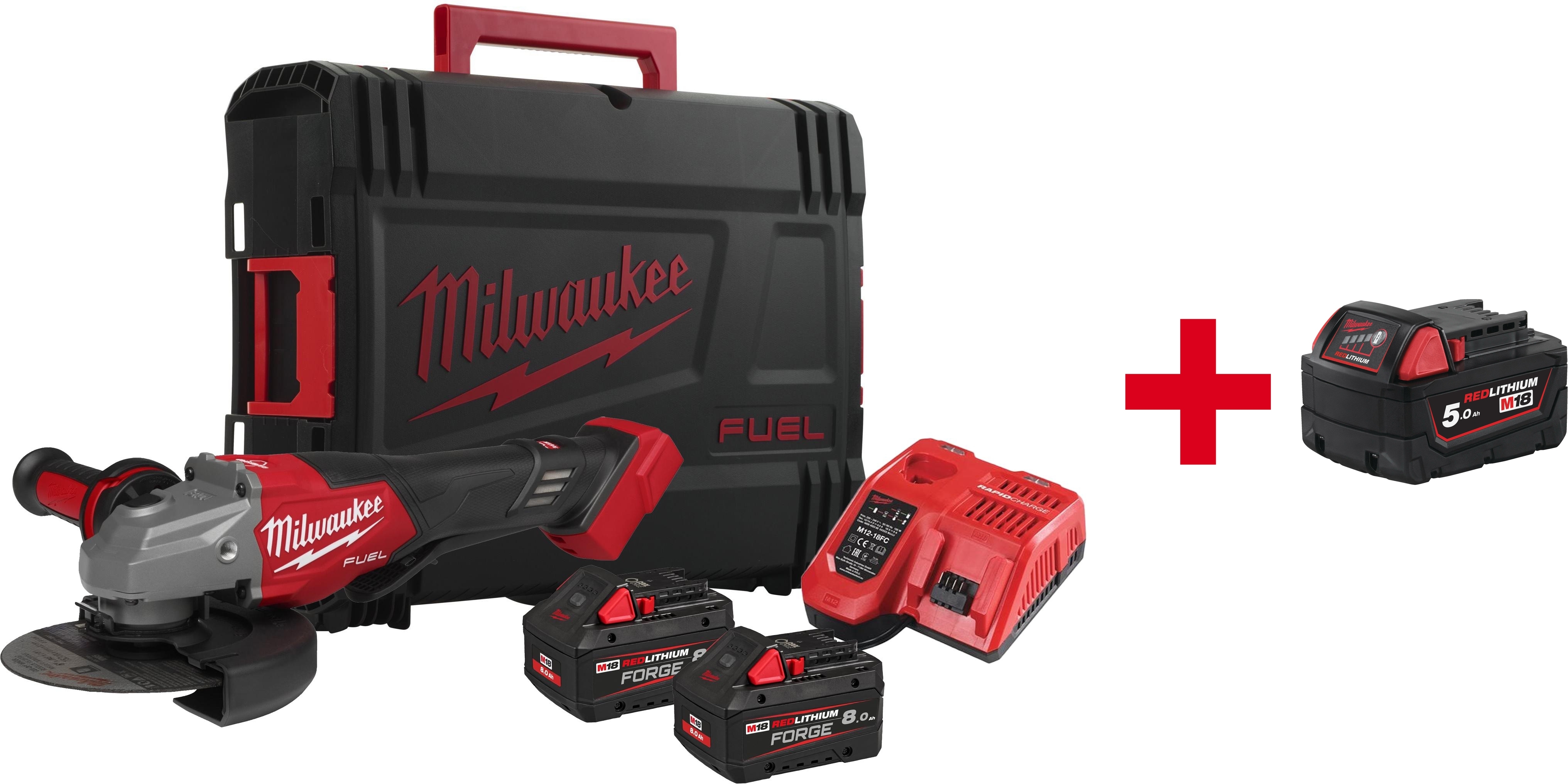 MILWAUKEE M18 FHSAG125XPDB2-802X Meuleuse d'angle FUEL 125mm avec interrupteur à palette en HD Box (2x 8.0Ah batterie + chargeur) - 4933493418