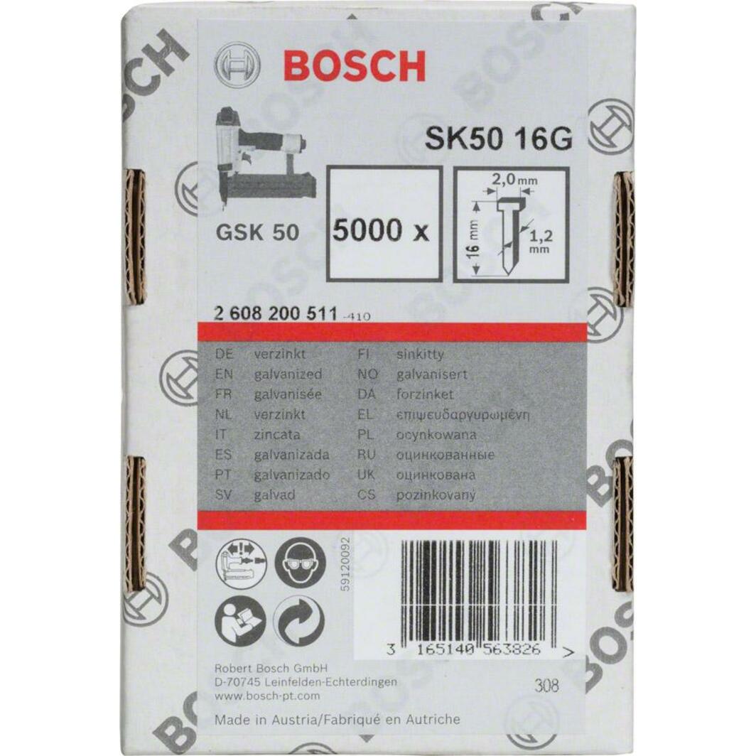 Bosch Professional 2608200511 Nagels – 1,2x18G, Verzonken Kop, Gegalvaniseerd – Voor Kistbouw, Meubels En Gipsplaten – 16G