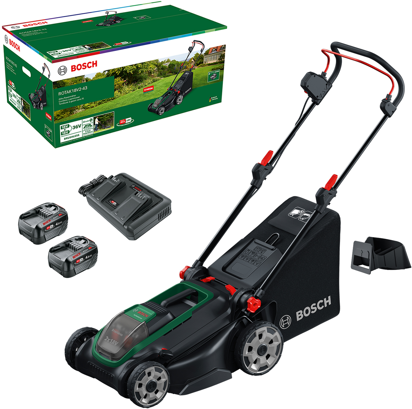 BOSCH Rotak 18V2-43 2x18V cordless lawnmower 43cm (2x 4.0Ah battery ...